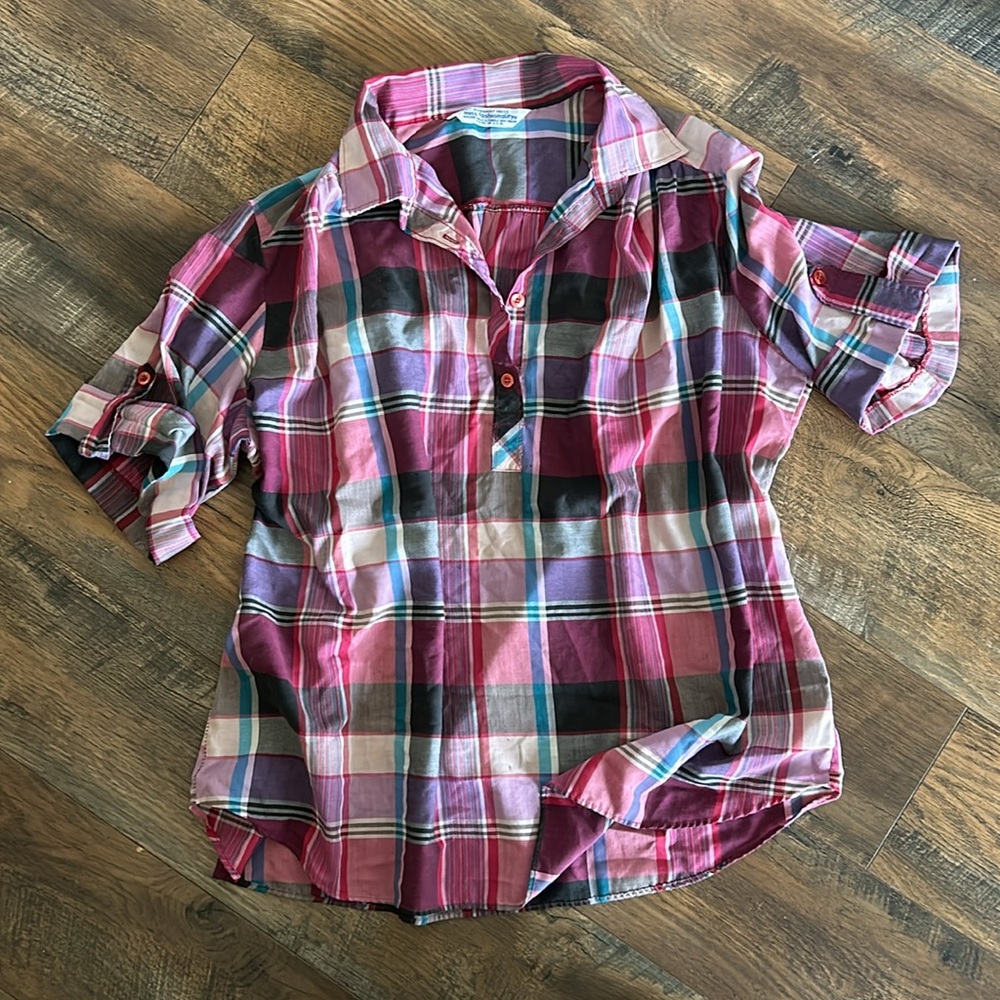 Miss Fashionality Vintage Plaid Henley Blouse